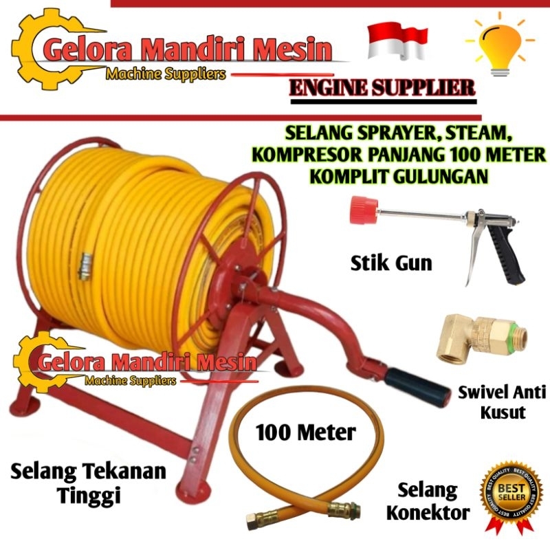 Selang Sprayer Kompresor Steam 100 Meter Komplit Stik Gun dan Gulungan | Power Sprayer