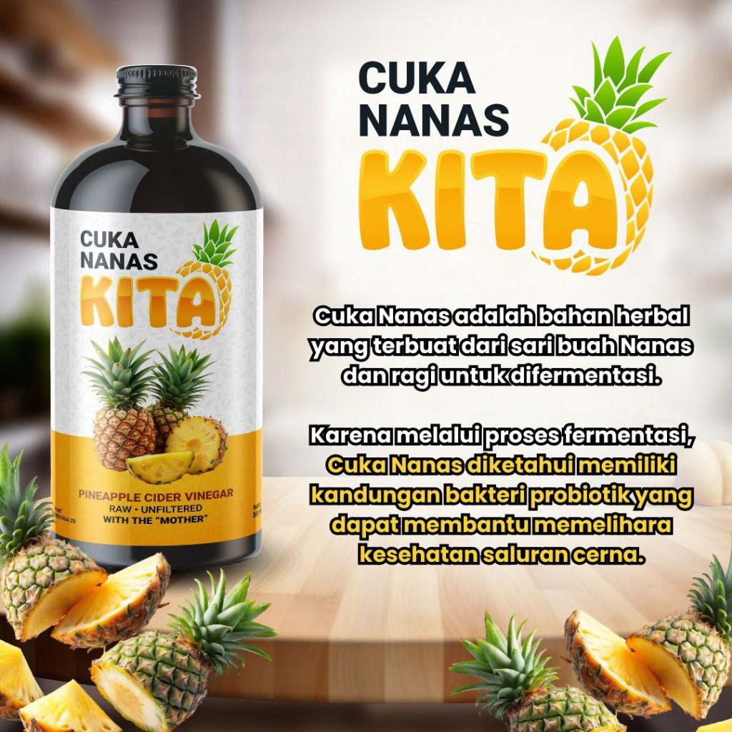 

CUKA NANAS KITA - Cuka nanas kita memliki rasa asam segar & sedikit manis dan mempunyai banyak manfaat juga kaya akan enzim bromelain