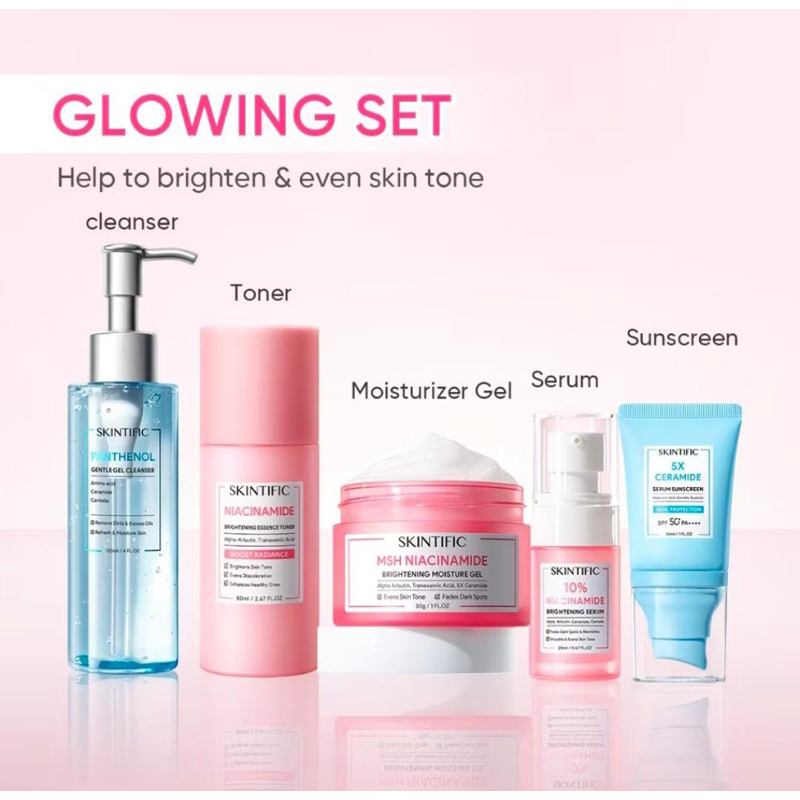 SKINTIFIC 5 Pcs Paket Skincare Glowing Set|Serum Moisturizer Gel Toner Sunscreen Cleanser