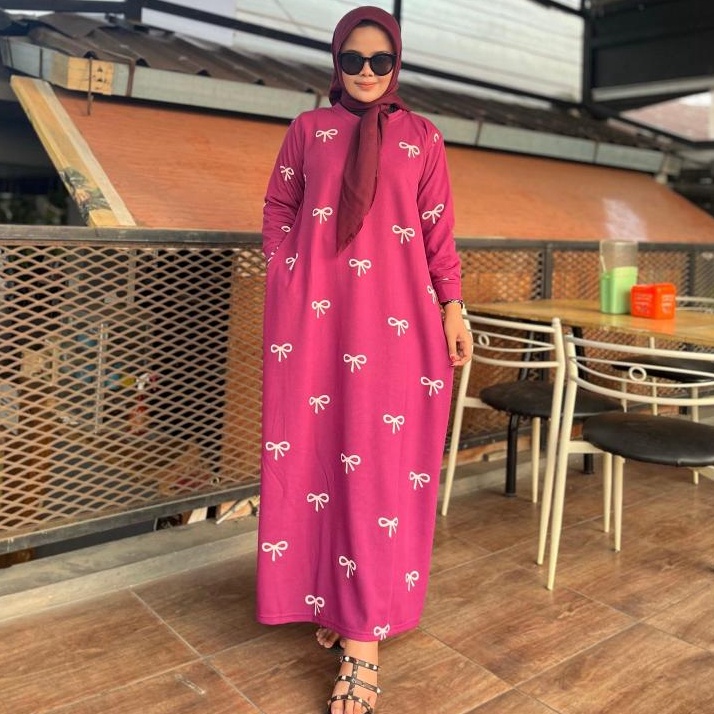 KODE B43S Lokal By FX  Gamis Knit Muslim Class Dress Motif Pita Lengan Panjang Gamis Knit Premium