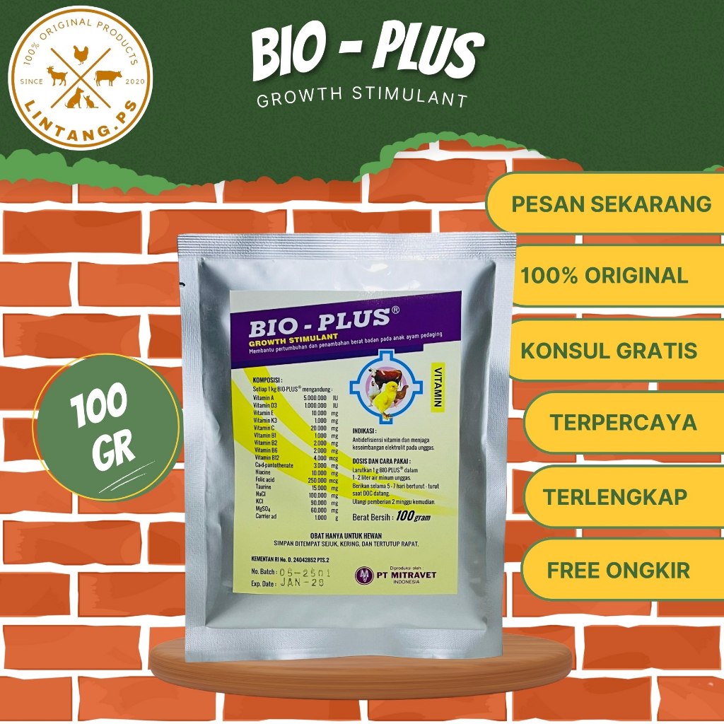 BIO PLUS 100 GRAM Pemacu Pertumbuhan & Berat Badan Anak Ayam Bebek Doc Broiler - Vitamin DOC Anak Ay