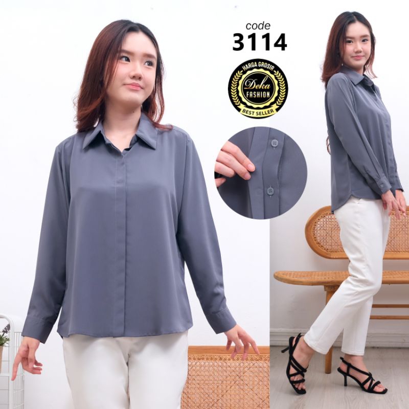 KEMEJA WANITA BASIC DOUBLE KREP / BAHAN WOLFIS PREMIUM - 3114