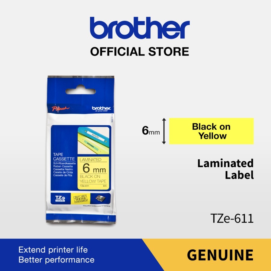 

Brother Label Tape TZe-611 6MM Black On Yellow Laminated Tape TZe611