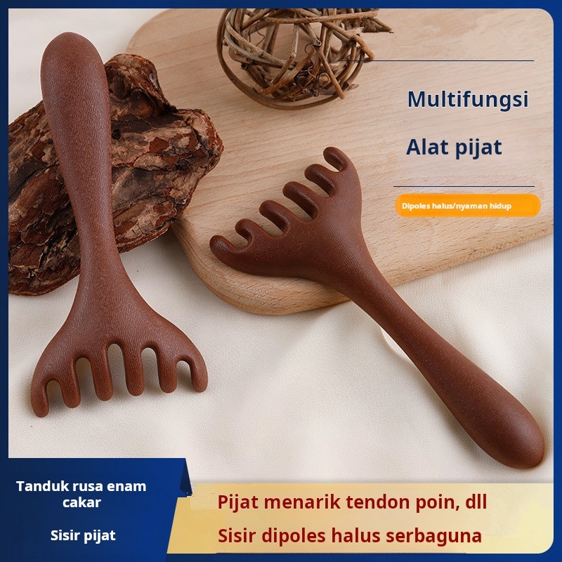 Sisir tanduk rusa enam cakar yang dapat digunakan untuk dua keperluan, sisir pijat mata, pijat kulit