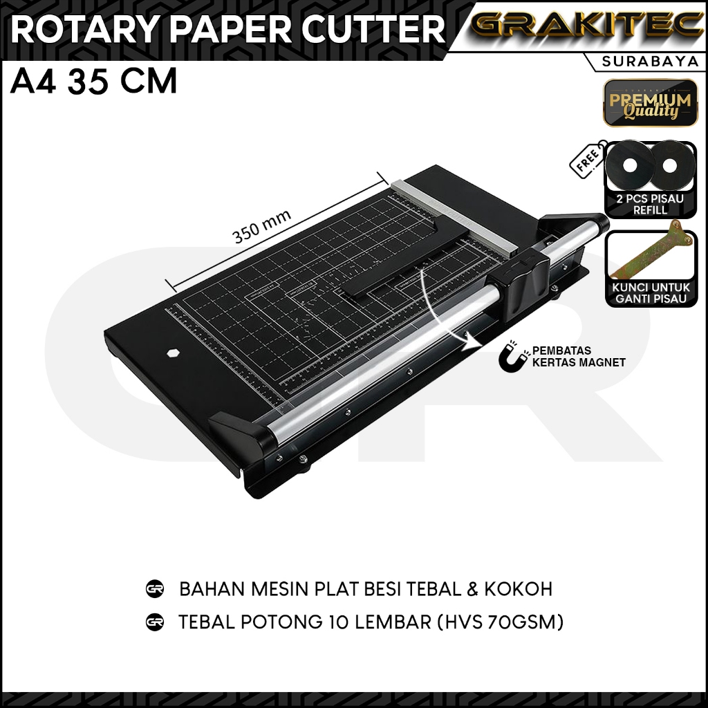 

Rotary Paper Cutter Trimmer A4 / 35 cm - Alat Potong / Pemotong kertas Hvs, Kertas foto Photo glossy, Sticker, Art Paper, A3, A4, A5, A6, Pas Photo SBY