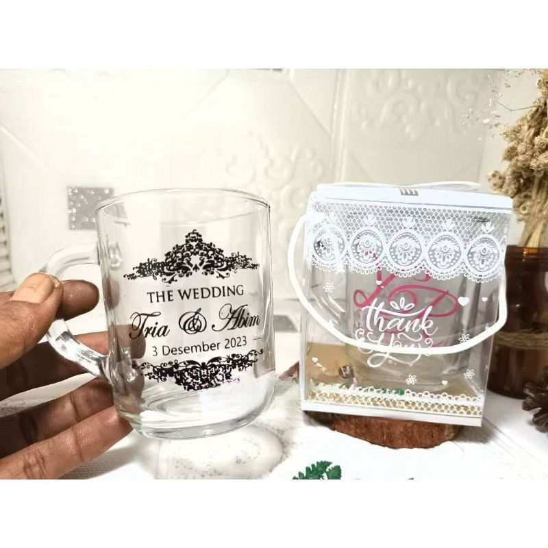 Souvenir Gelas Gagang kemasan box, Souvenir Gelas Kopi, Gelas CG kemas box