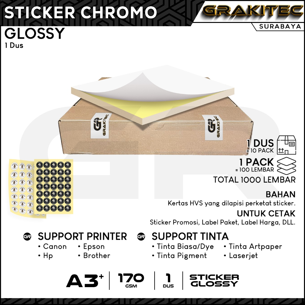 

Grakitec Sticker Chromo Glossy / Doff A3+ Isi 1000 lembar | Stiker Kromo, bontak, CTS, Cast-coated Cromo SBY