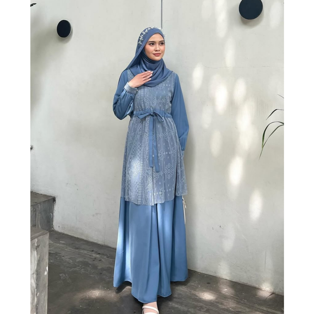 Elmiza - Leoni Dress Bahan Premium Safeena Platinum Mix Brukat Dress Muslimah Terbaru Lebaran Kondangan Adem Elegan Mewah-Denim