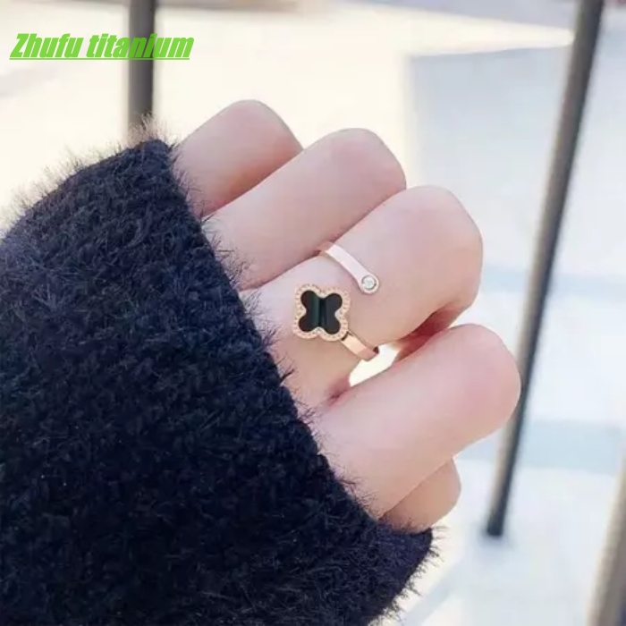Cincin Titanium Clover Rose Gold Permata Berkilau Cincin Titanium Asli Cincin Wanita Korea Model Ter