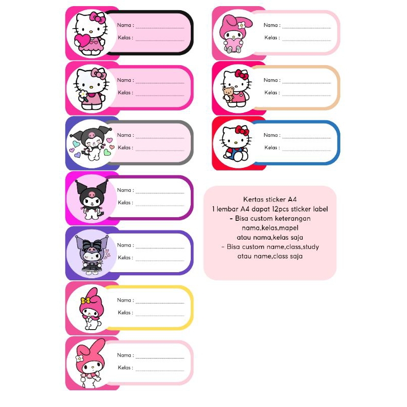 

Sticker label buku anak Hello Kitty Kuromi Melody