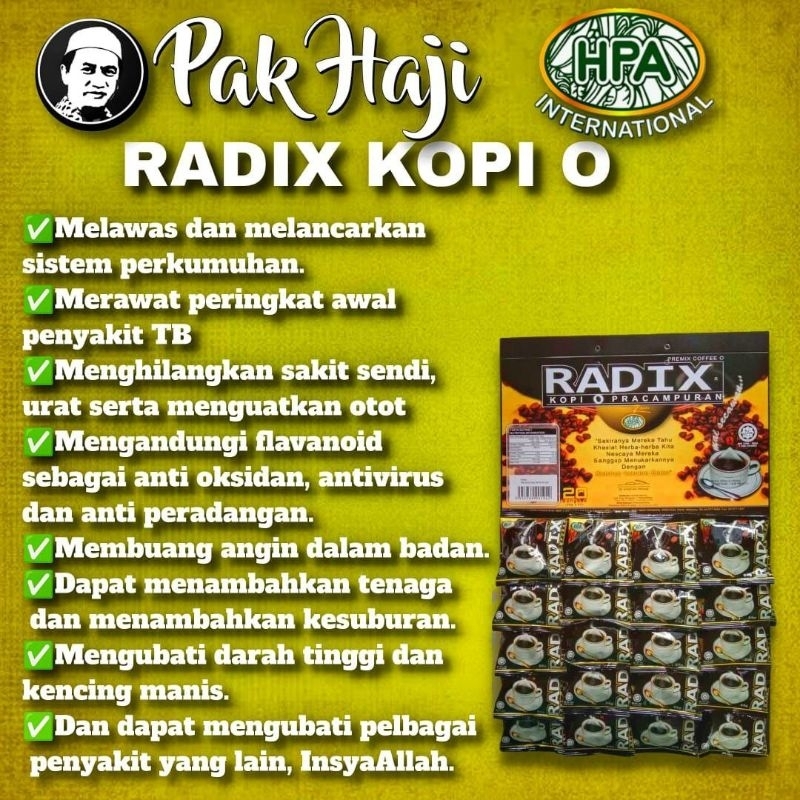 

RAMUAN HERBAL PRACAMPURAN RADIX KOPI O ORIGINAL ASLI DARI MALAYSIA KEMASAN PAPAN ISI 20 SACHET