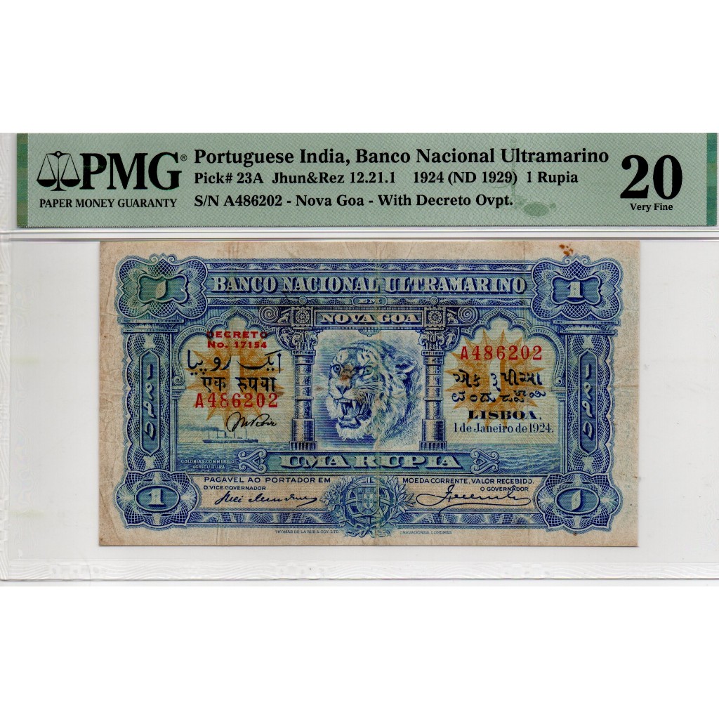 Uang Kuno Portuguese India 1 Rupia 1924 Pick 23a (PMG 20 VF) Rare