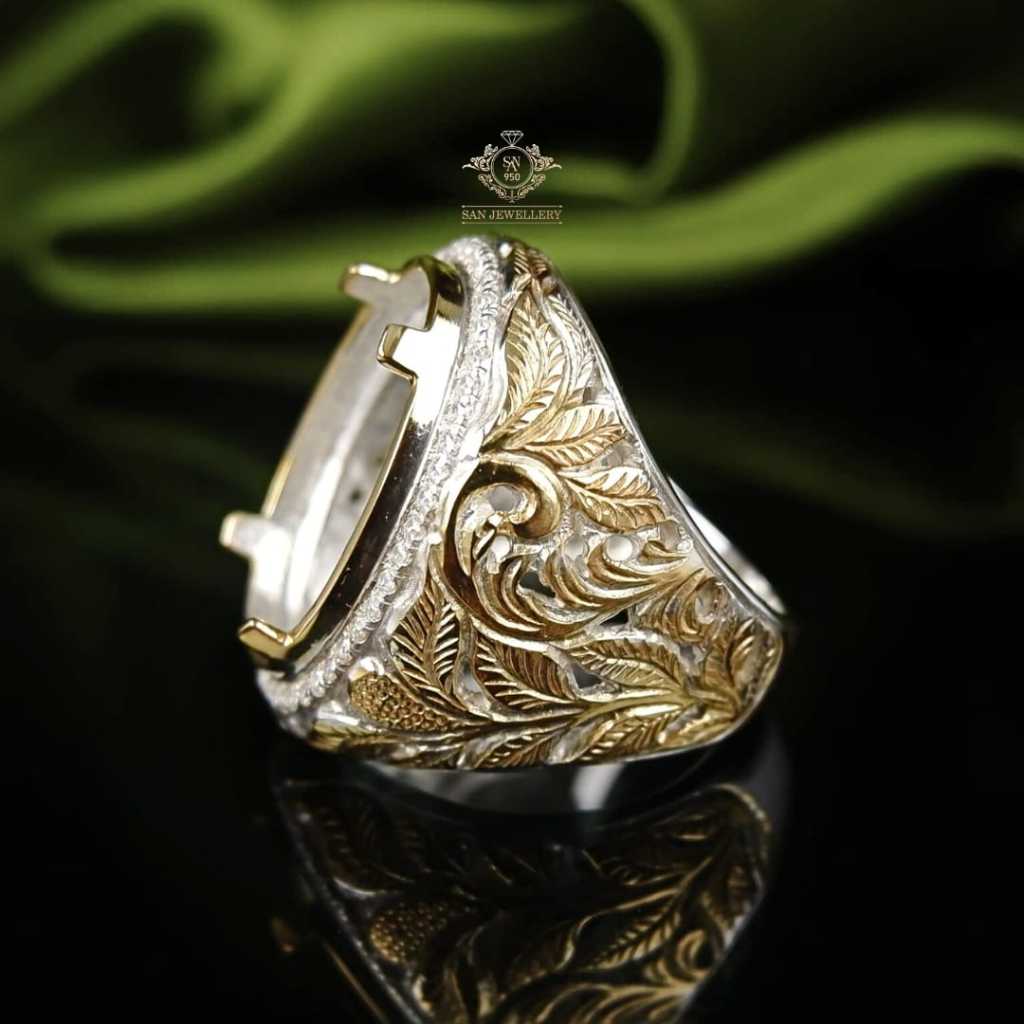 Cincin Akik Pria Perak 950 Premium Desain Ukir Klasik Kosongan | Ikat Batu Permata Mulia Custom EB59