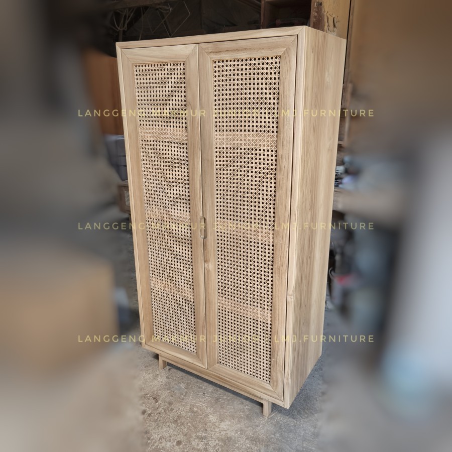 lemari rak wardrobe pakaian anak minimalis 2 pintu rotan jati jepara
