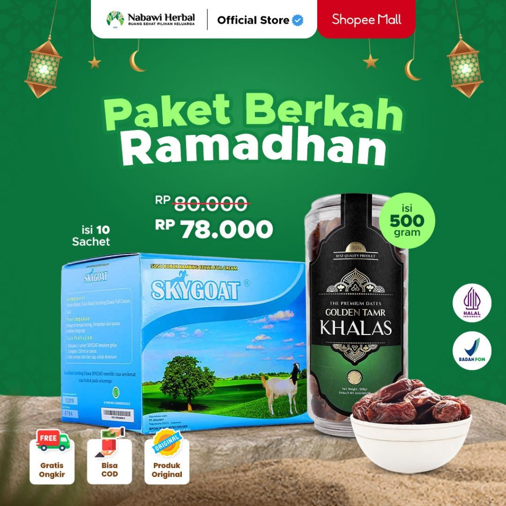 

PAKET BERKAH RAMADHAN - Kurma Golden Tamr Khalas 500gr & Skygoat Susu Kambing Vanilla 10 Sachet
