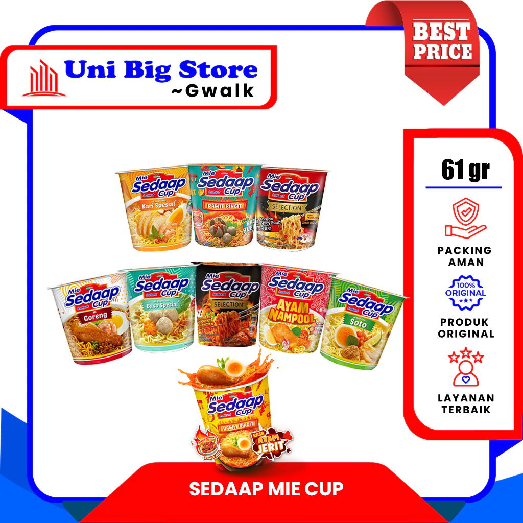 

SEDAAP MIE MI INSTAN CUP GORENG - KARI -BASO - AYAM JERIT - KOREAN SPICY - SOTO 61 - 79 gr