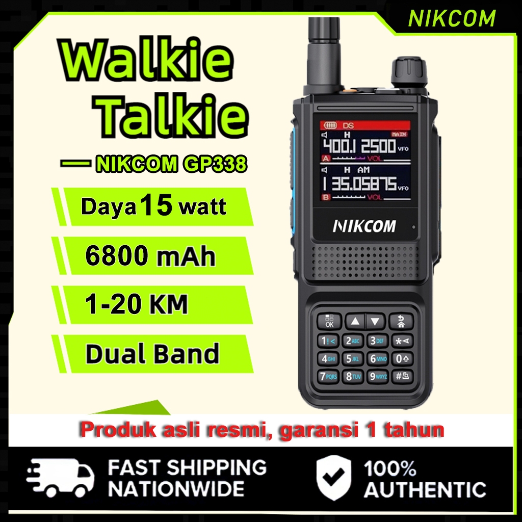 HT NIKCOM Walkie Talkie Outdoor GP338 Frekuensi UHF/VHF Jarak Jauh 20KM Baterai Tahan Lama 6800MAH F