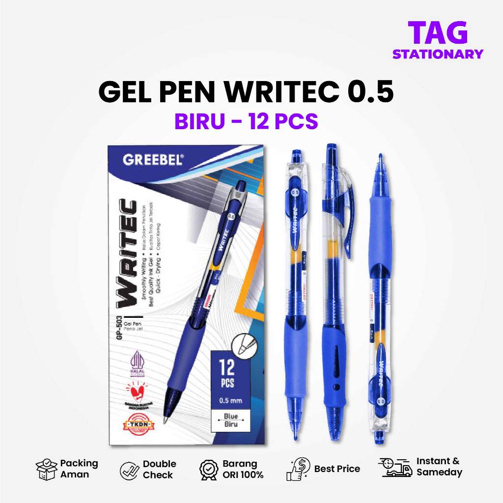 

GREEBEL PULPEN GEL / GEL PEN GP-503 Writec 0.5 Biru (12PCS/SET) / Ballpen Gel Ballpoint Bolpen Cetek