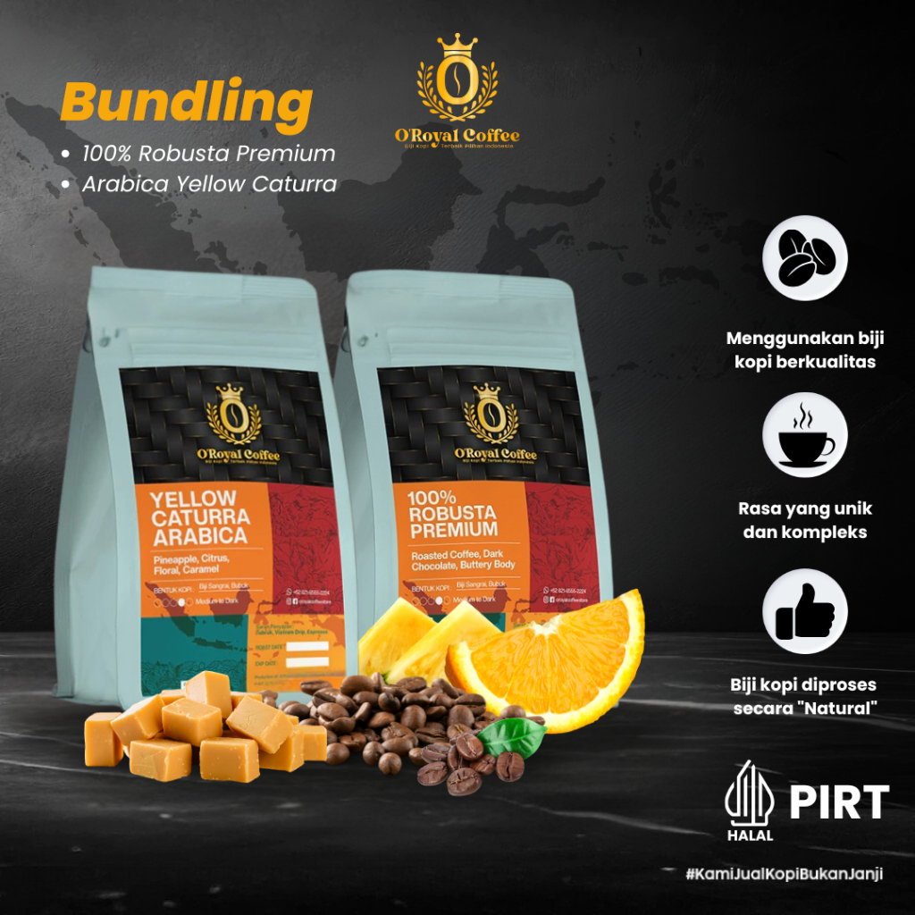 

Paket Bundling 2 Kopi Bubuk Robusta Premium Arabica Yellow Caturra Flores Dark Roast O'Royal Coffee