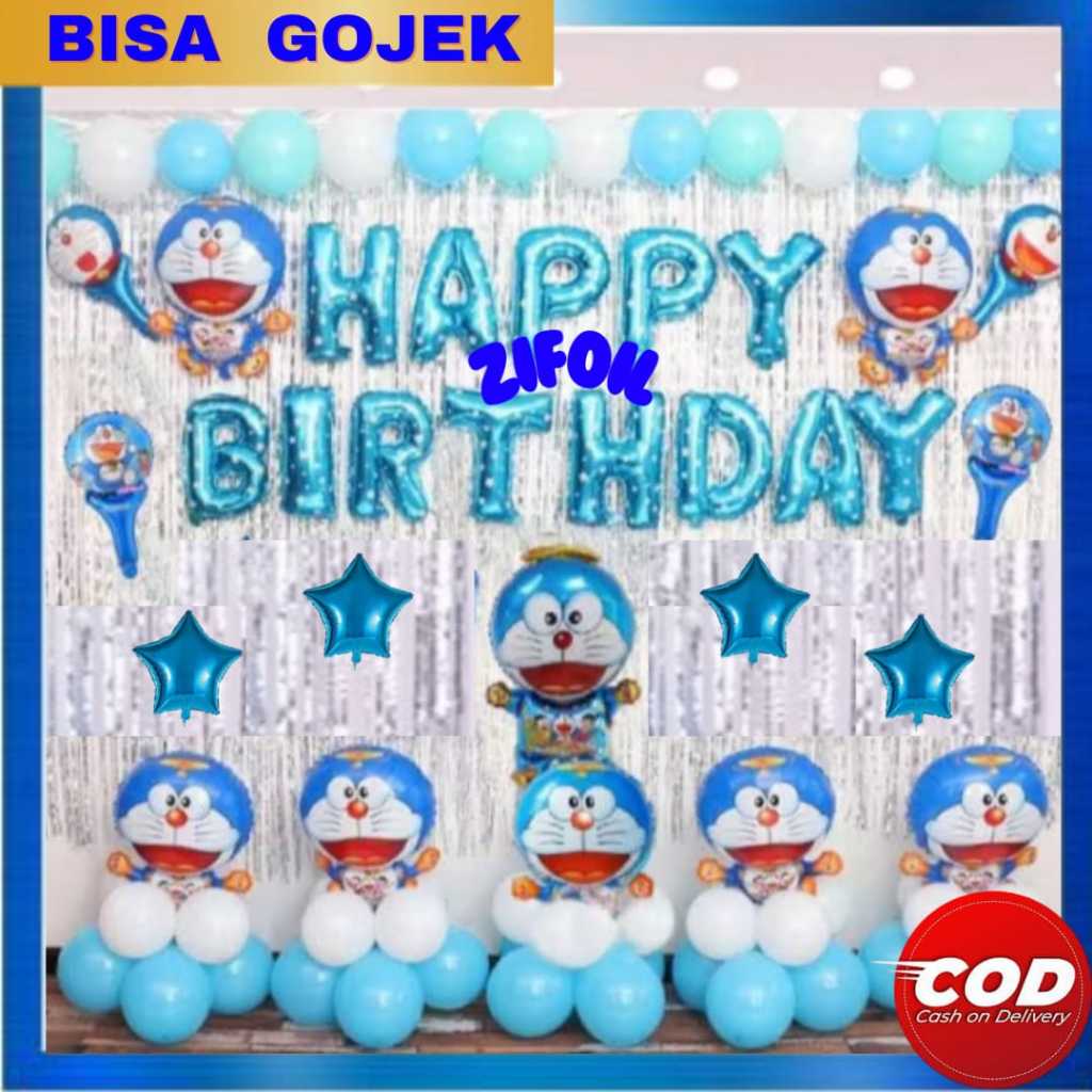 Paket Dekor Happy Birthday Doraemon 3 Tirai Balon Set Dekor Happy Birthday