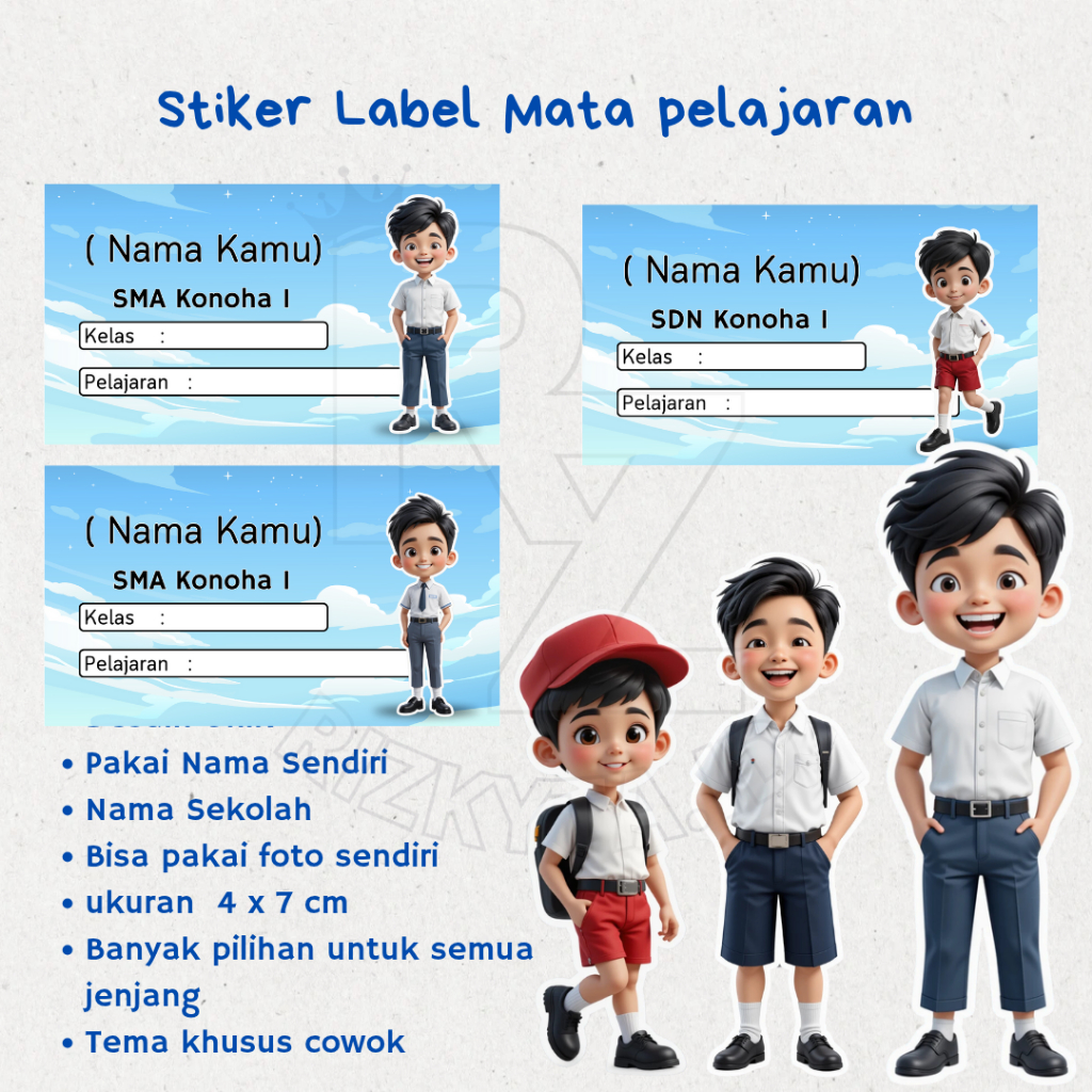 

Stiker Label Mata Pelajaran Anak custom nama , sekolah dan foto tema anak sekolah boy