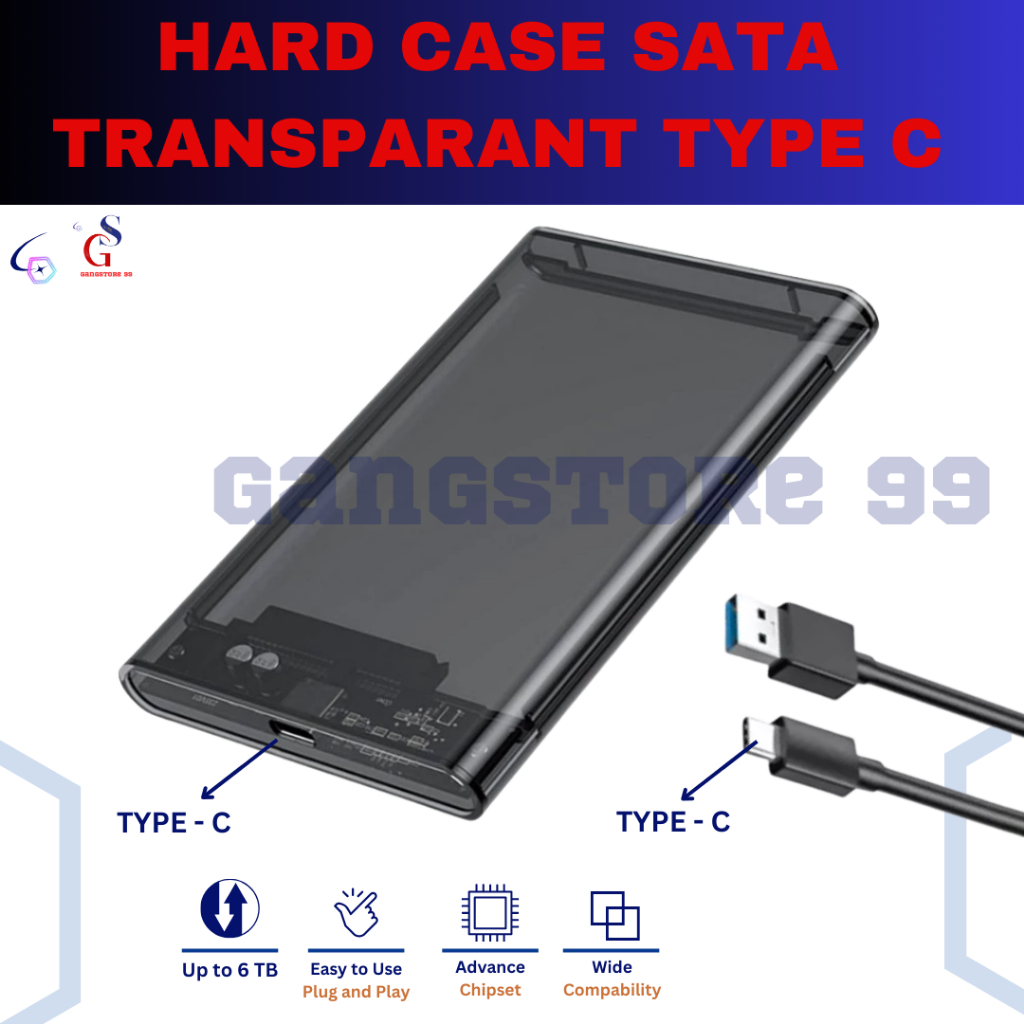 Casing HDD Hard Case Sata Transparant Type C, Casing Hardisk Eksternal 2.5 USB 3.0 Type C Transparen