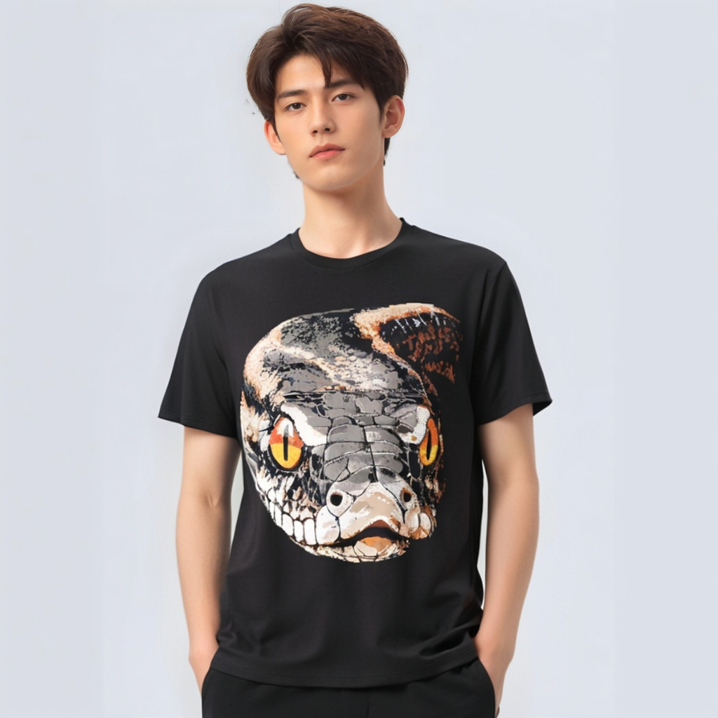 kaoswarna 丨 T-shirt hitam Karya Seni Motif Ular Piton Kaos Piton