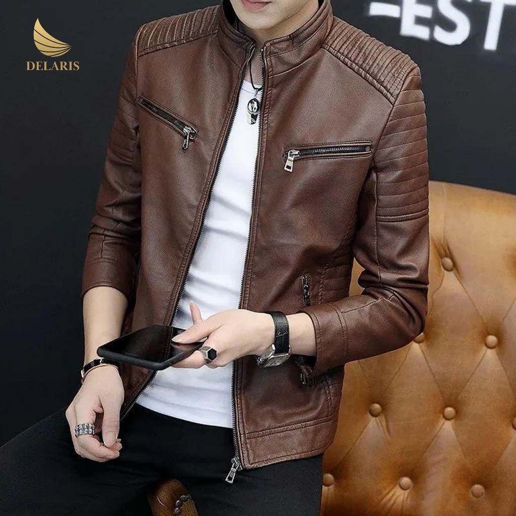 Delaris Jaket Kulit Pria Model Cruize | Black Tan Cokelat