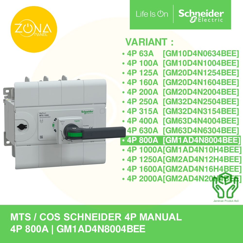 COS / MTS MANUAL TRANSFER SWITCH SCHNEIDER 4P 800A GM1AD4N8004BEE