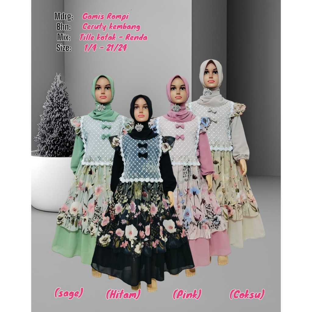 Baju Gamis Lebaran Ceruty Motif Bunga Etnic Kembang Free Hijab Segi Empat Anak Perempuan Usia 3-12 T