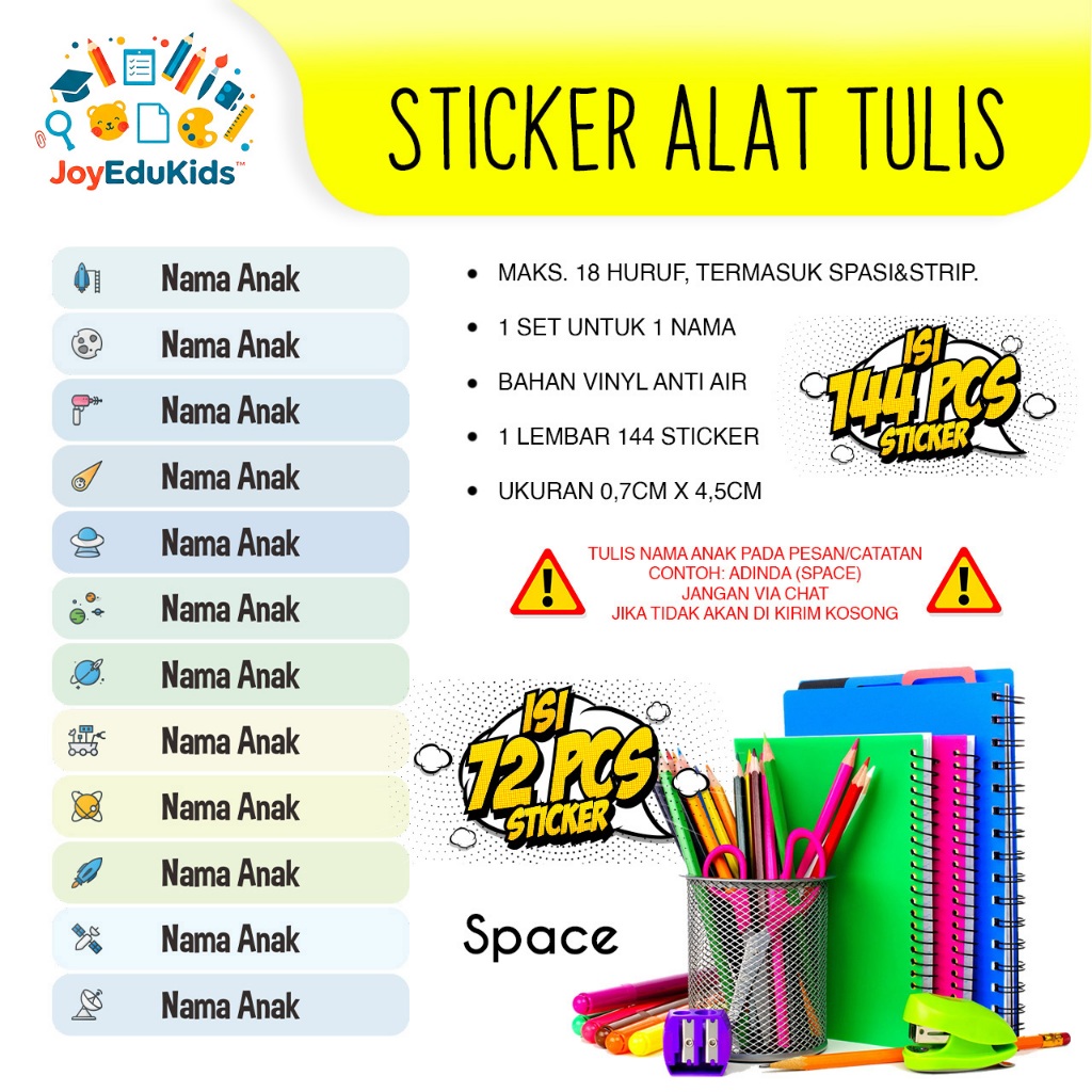 

Stiker Label Nama Anak Custom Space 72pcs | Karakter Unik & Tahan Air