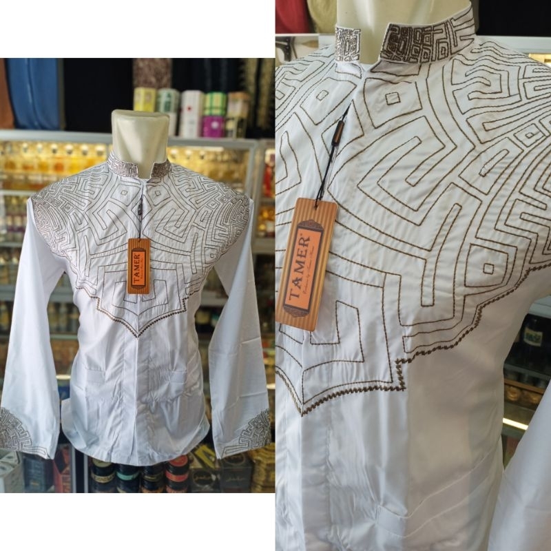 Baju Koko / Baju muslim Pria Tamer putih lengan panjang bordir katun premium Bolivia