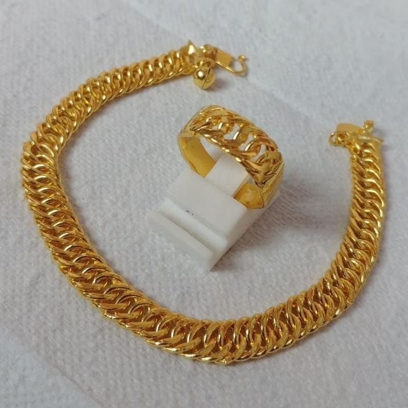 Set Gelang Cincin Rantai Lipan Lapis Emas Asli Kuning 24k BONUS CINCIN 2PCS