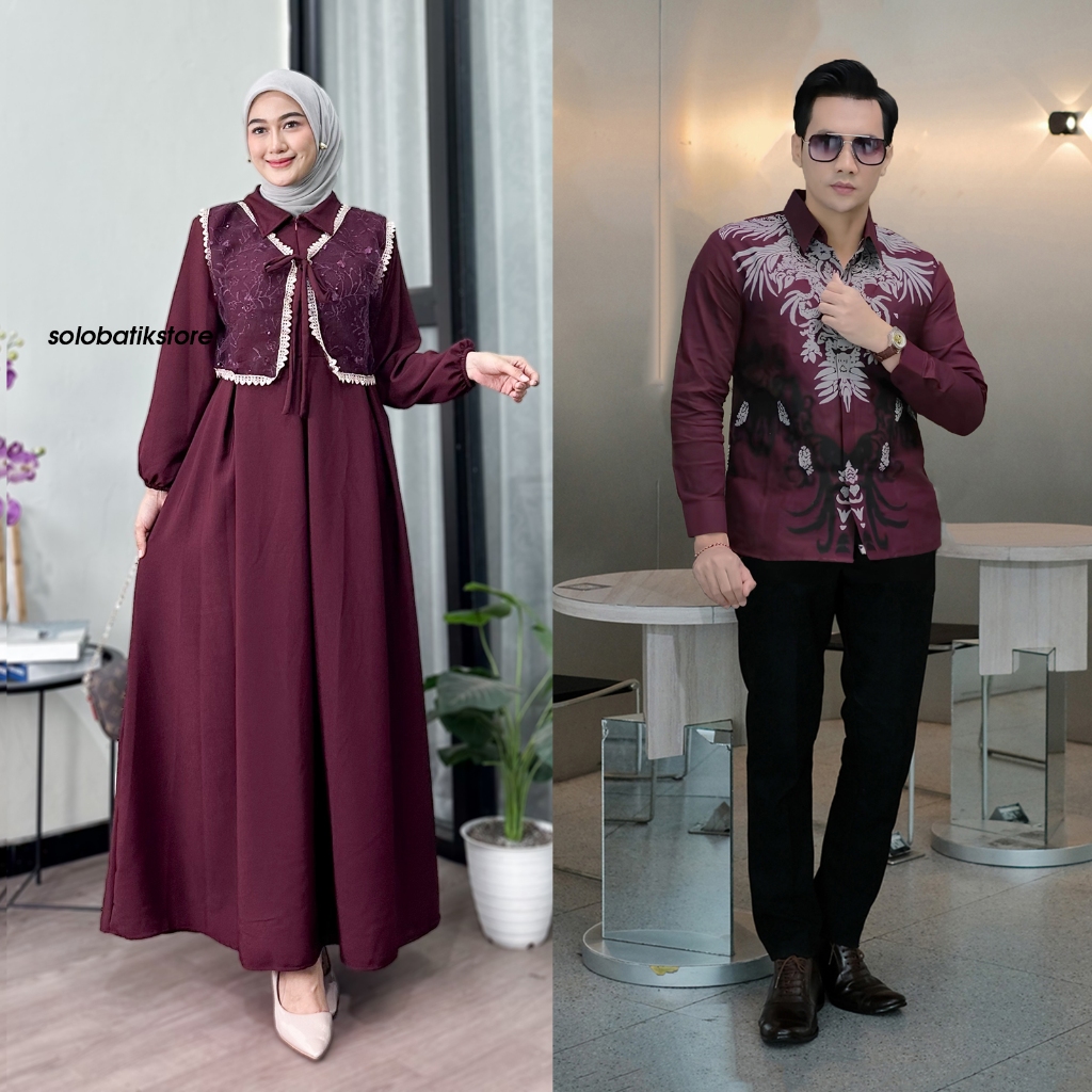Gamis Couple Burgundy Baju Lebaran Pasangan Terabru 2025 - Couple Gamis Polos Kombinasi Brokat Aeste