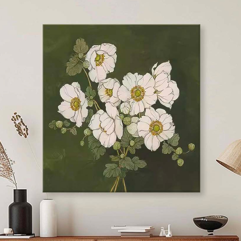Lukisan Dinding Bunga Anemone Putih Klasik Aesthetic Elegan