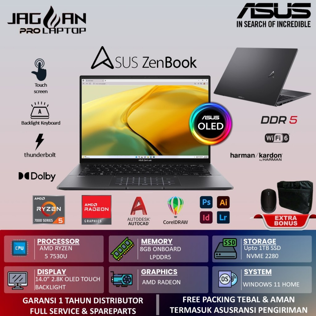 LAPTOP ASUS ZENBOOK 14 UM3402YA AMD RYZEN 5 7530U DDR5 8GB 1TB SSD OLED TOUCHSCREEN BL WIN 11 HOME