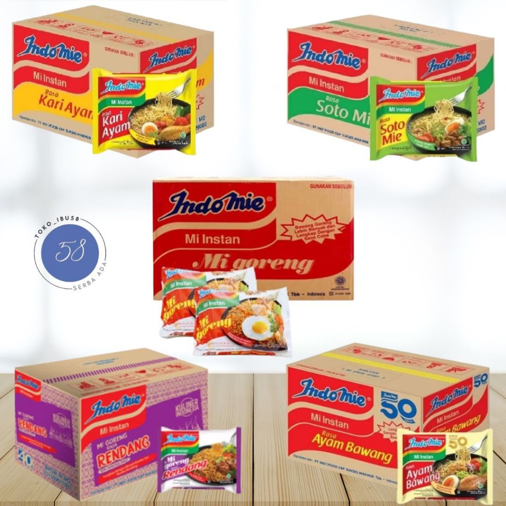 

INDOMIE Mie Goreng Dan Kuah Rendang, Soto Mie, Ayam Bawang Per Dus 40pcs Bisa Mix