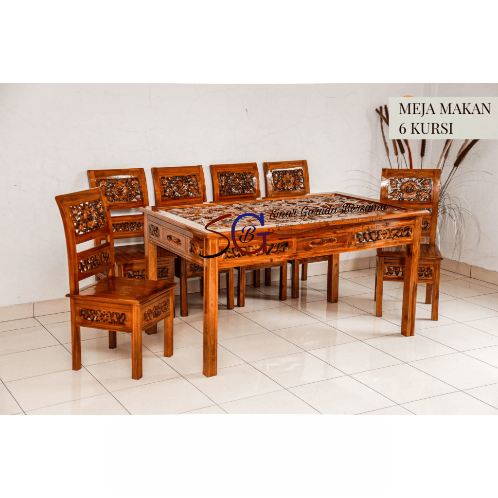 KAYU JATI MEJA MAKAN UKIR KAYU JATI 6 KURSI / MEJA MAKAN KAYU MEWAH CLASSIC