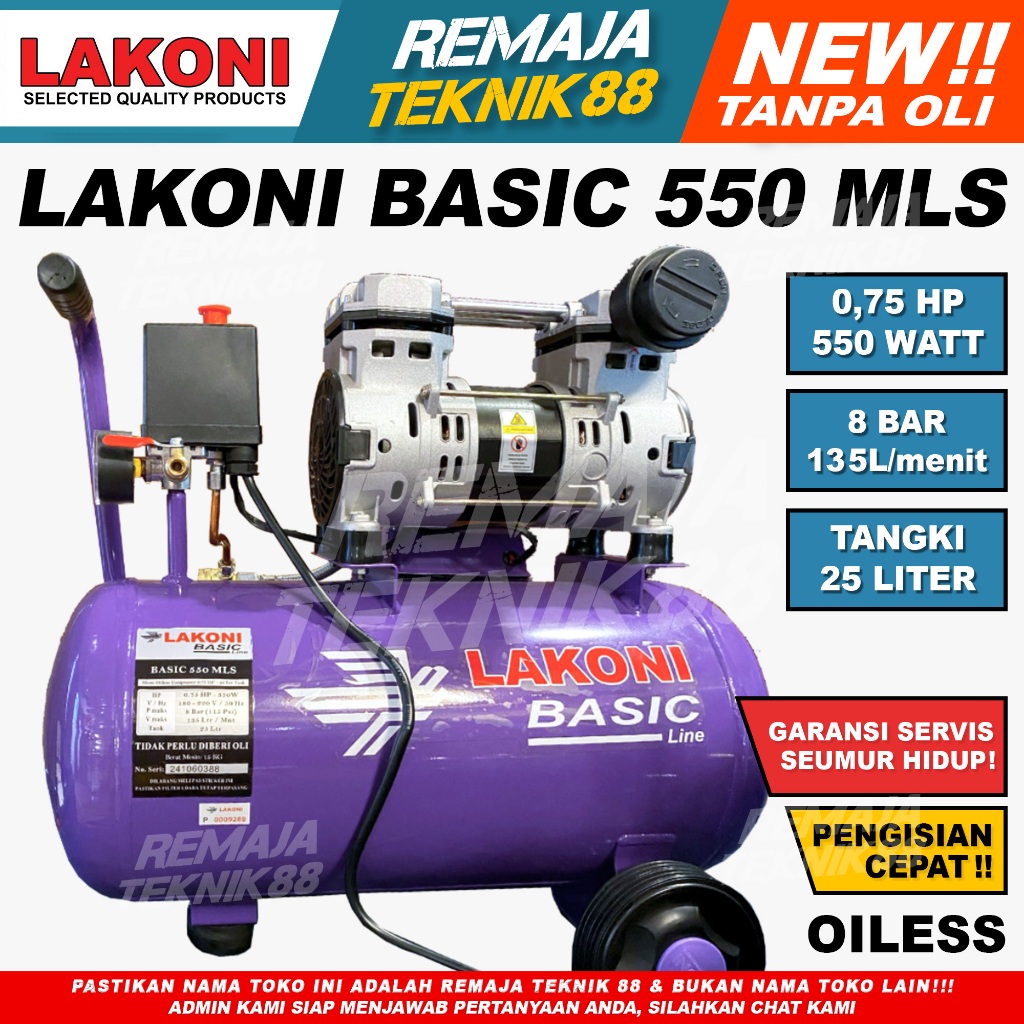 LAKONI BASIC 550 MLS SERIES 0,75HP / KOMPRESOR 25L OILESS SILENT LAKONI 550 MLS 550 WATT
