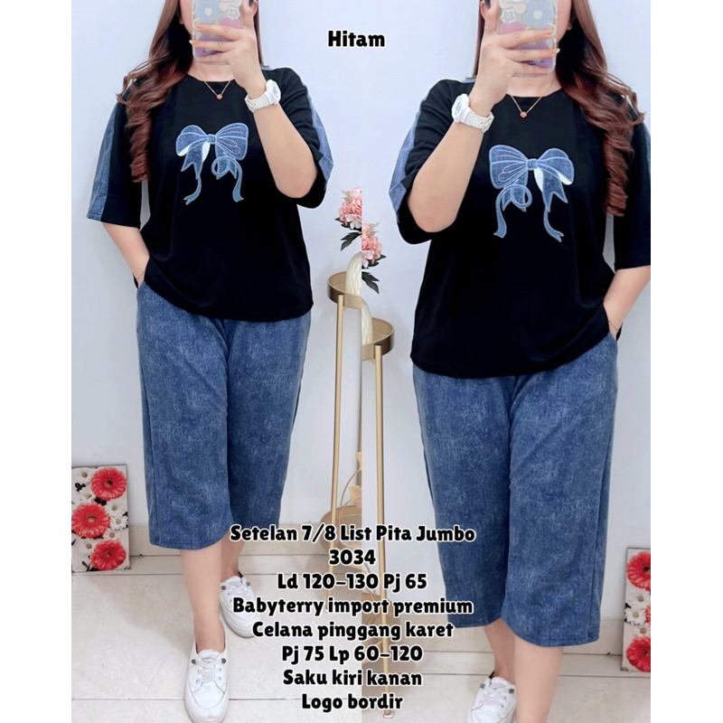 3034 SETELAN 7/8 LIST PITA JUMBO LD120-130 BABYTERRY WANITA|ONE SET SANTAI|SETELAN CELANA 7PER8