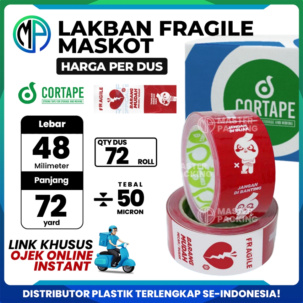 

Lakban Selotip Grosir Cortape Printing Fragile Maskot 2inch 45mm x 72yard HARGA PER-DUS (VIA GOJEK)