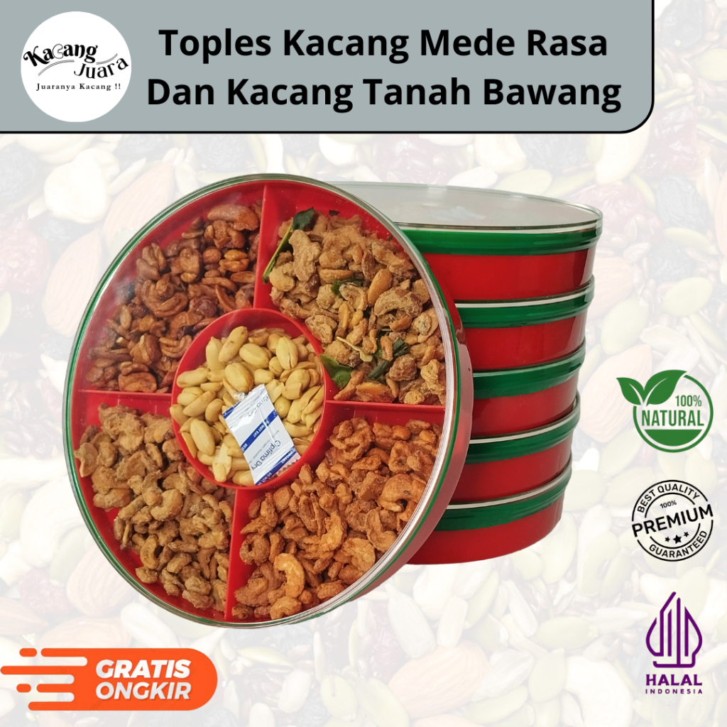 

Toples Tray Mix Kacang Mede dan Kacang Bawang 5 Varian Rasa 900 gram- Juara Kacang