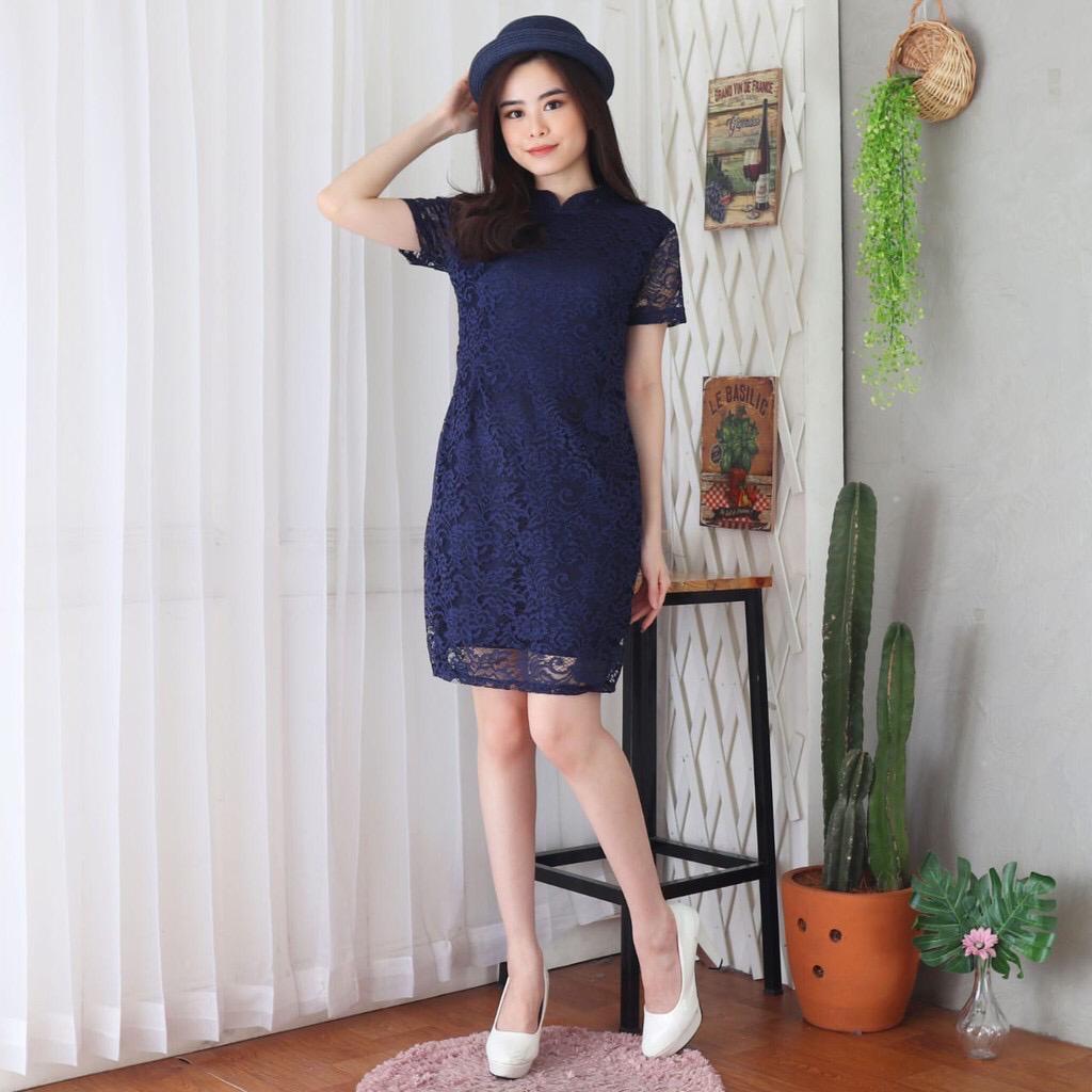 Gaun Midi Dress Brukat Kondangan Party Dress Korea Midi Drees Putih Polos Full Brokat Dres Pesta Wan