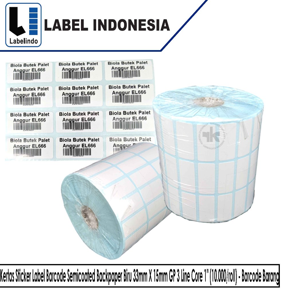 

Kertas Sticker Label Barcode Semicoated Backpaper Biru 33mm X 15mm GP 3 Line Core 1" (10.000/roll) - Barcode Barang
