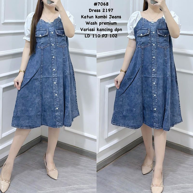 Dres Jeans Katun Kombi Premium 2187-2197-7068 dengan Variasi Kancing Depan - Midi, Kotak, Terusan, C