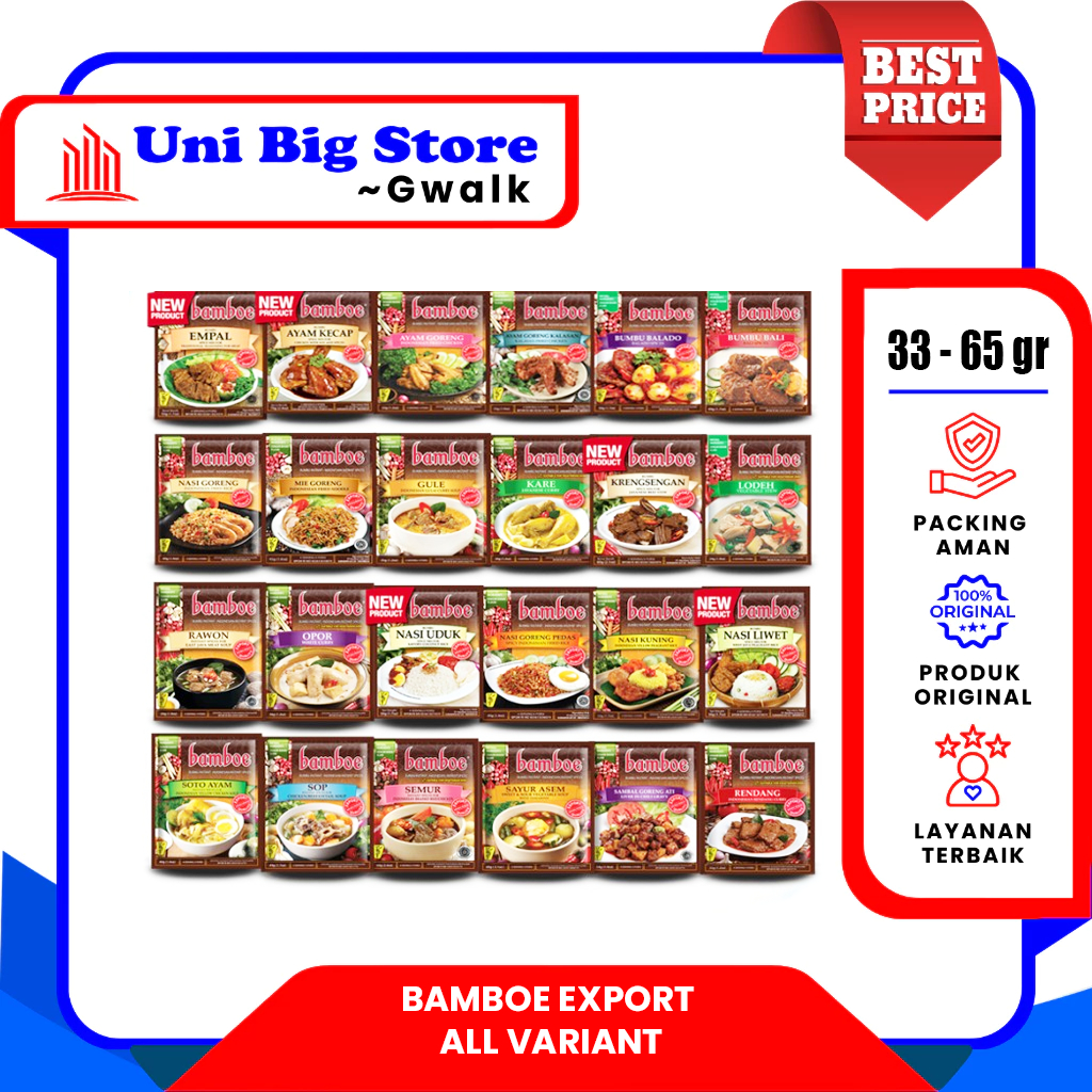 

BAMBOE EXPORT BUMBU MASAK INSTAN RAWON OPOR SOTO NASI AYAM GORENG SEMUR EMPAL RICA