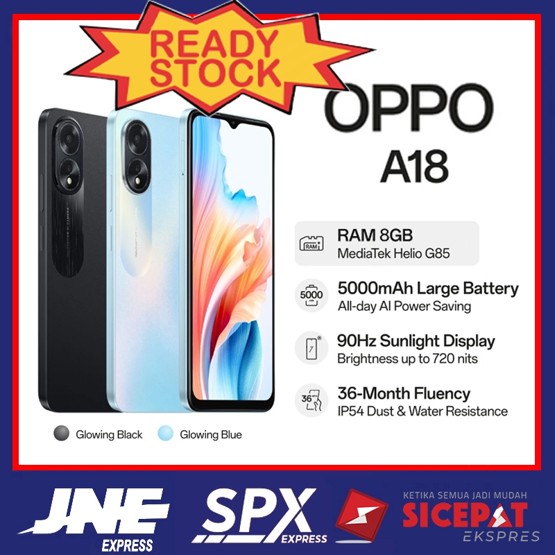 HP OPPO A18 Ram 8/256GB Smartphone LET 6.56 inch Dual SIM 50MP+8MP Handphone