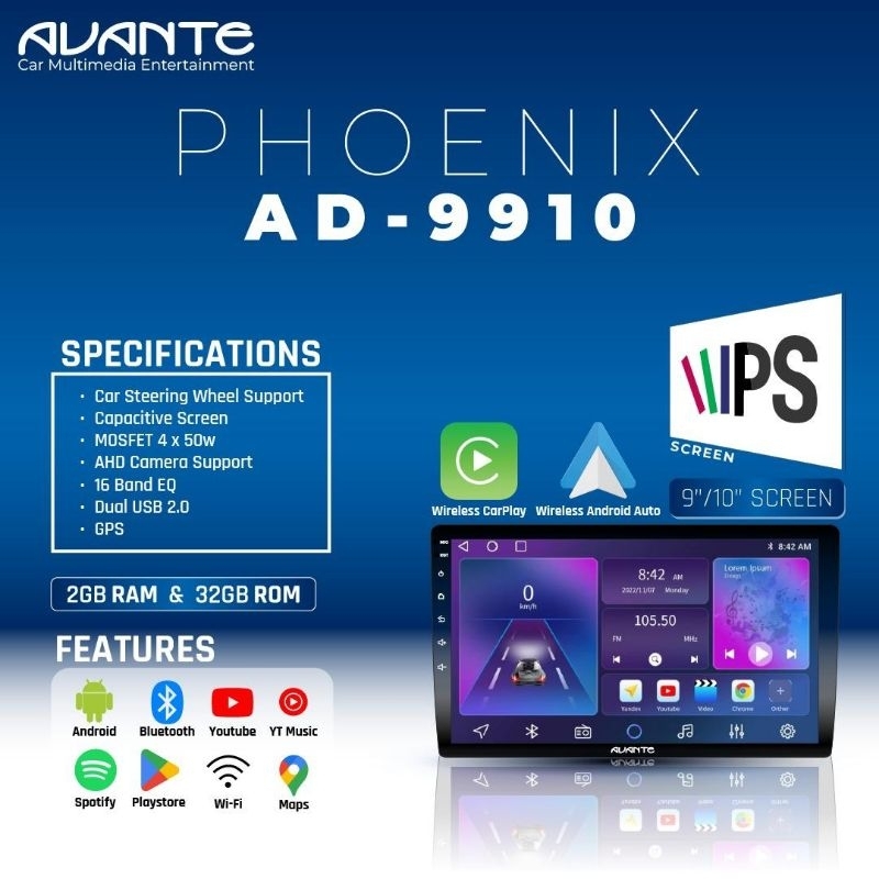 Head unit android Avante 2/32 ukuran 9/10inch