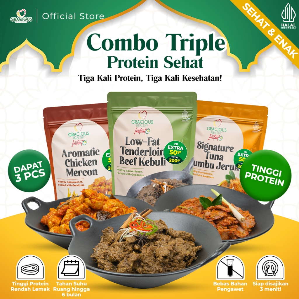 

Gracious Combo 3 Protein Sehat |Tuna Daun Jeruk + Low Fat Beef Tenderloin +Aromatic Chicken Mercon