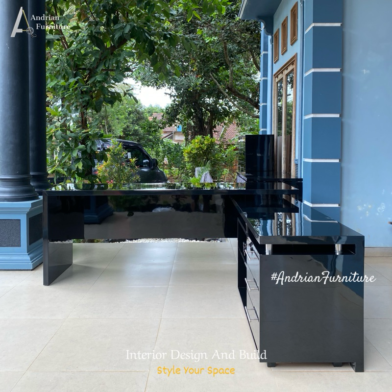 Meja Kerja Direktur / Kantor L Shape Large Minimalis Modern HPL Hitam Glossy